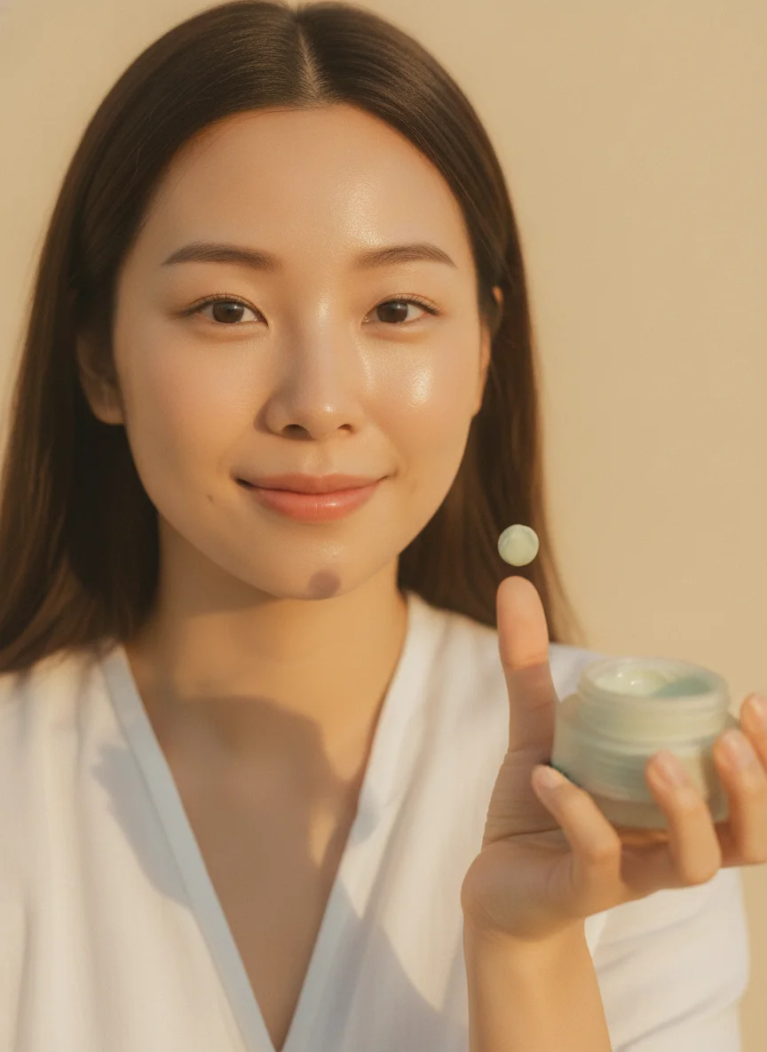 손끝에 세이지빛 크림을 덜어 보이는 여성, 연출 사진