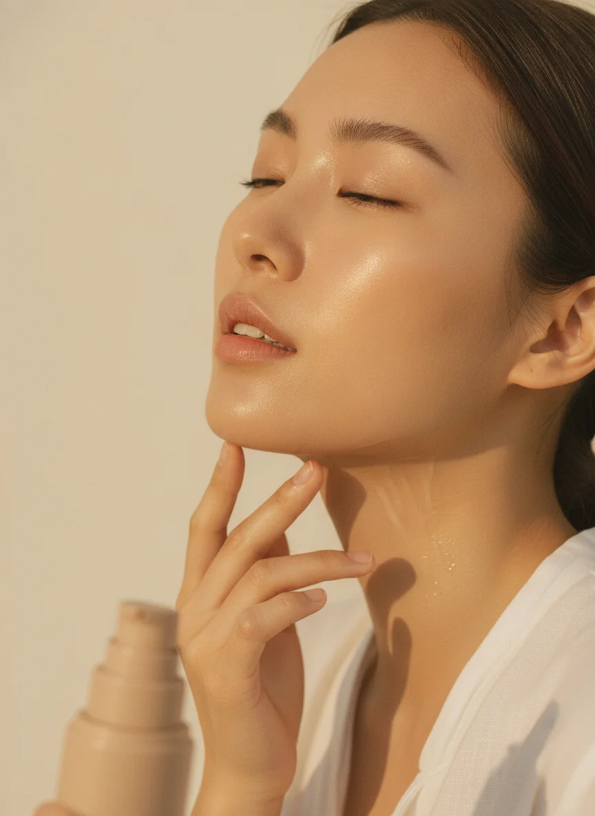 눈을 감고 턱선을 따라 세럼을 바르는 여성, 연출 사진
